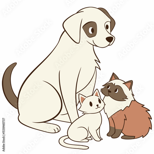 A fun, cute cartoon illustration of a happy brown puppy and a playful cat with wagging tails