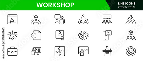 Creative vector web line icons depicting workshop tools, collaboration, skill-building, innovation, and hands-on learning for productive environments.