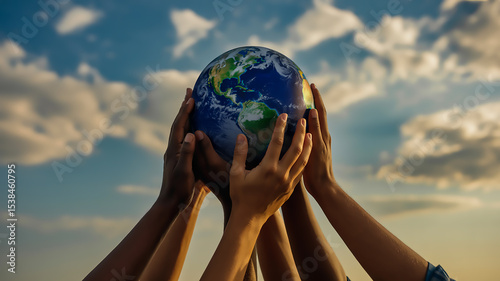Fototapeta Naklejka Na Ścianę i Meble -  A striking, unified image of diverse hands raising a realistic Earth globe against a vibrant blue sky with soft clouds