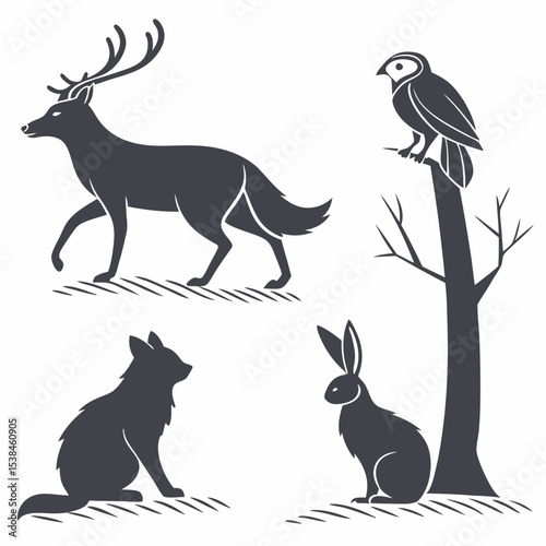 A set of wild animal vector silhouettes, including deer with antlers, perfect for nature and hunting illustrations