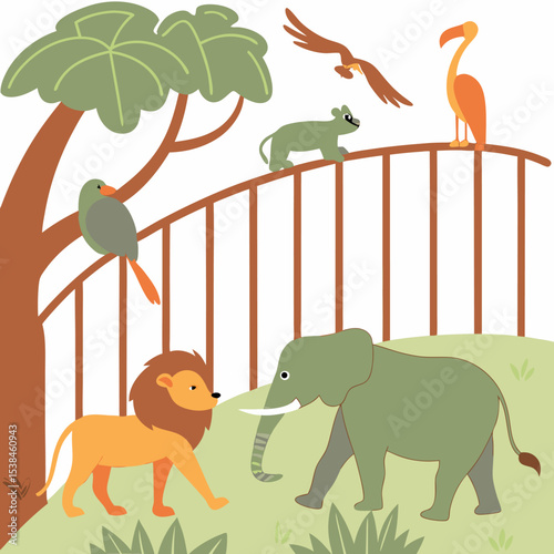 A delightful vector illustration of funny baby cartoon animals, including playful dogs, cats, and a big-tailed lion, perfect for children