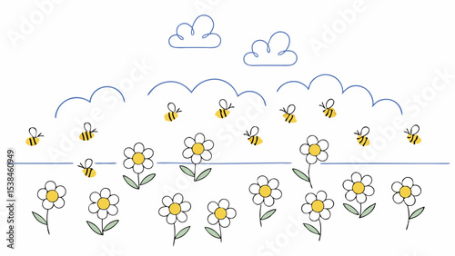 Cute Bees and Daisies Meadow Illustration