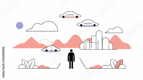 Man Contemplating Future Cityscape with Flying Cars