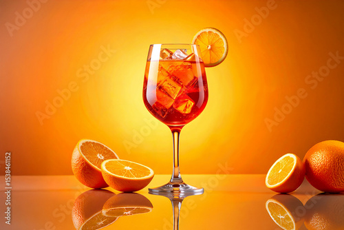 Aperol Spritz cocktail with orange slice and ice. Vibrant colors and summer vibe, symbol of Italian aperitif.