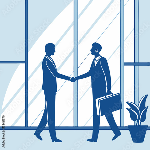 Two businessmen in suits shaking hands in an office building with a window view of the city, symbolizing corporate success and teamwork