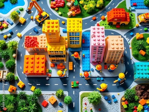 Miniature city under construction with tiny buildings, cranes, and scaffolding. Perfect for urban planning concepts, model architecture, or creative toy visuals photo