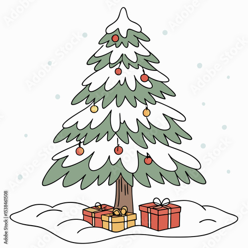A festive Christmas tree adorned with ornaments and a star, surrounded by colorful gifts and a cheerful snowman, evoking the joyous holiday season and winter celebration