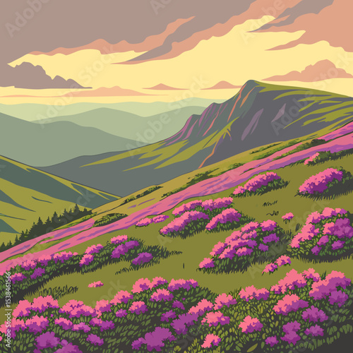 A beautiful summer landscape featuring a vibrant meadow of flowers, rolling green hills, and majestic mountains under a clear sky
