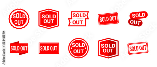 Sold Out Badges. Red Labels for Out-of-Stock Products, Promotions, or Storefronts. Bold and eye-catching Sold Out signs in various shapes, perfect for marketing, e-commerce, and banners.