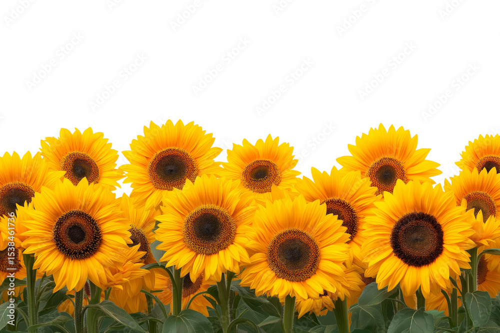Fototapeta premium field of vibrant sunflowers bathed in sunlight isolated on white background