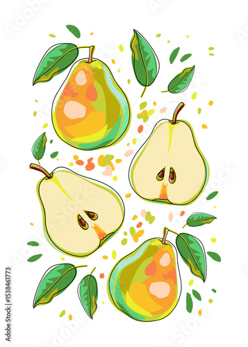 Colorful background with yellow pears, leaves and drops. Bright card with whole and halves of fruits on white. Cartoon. Art print for walls, banners, packaging, covers, etc. Vector isolated