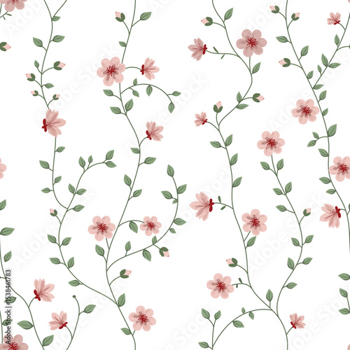 Seamless pattern with flowers. A branch with flowers and leaves. Surface design for gift paper, wallpaper, web page background, greeting cards, textile. Pink flower