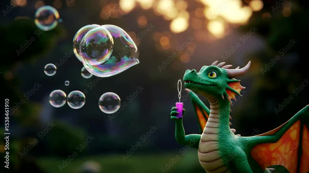 A whimsical green dragon joyfully blowing colorful bubbles in a serene outdoor setting