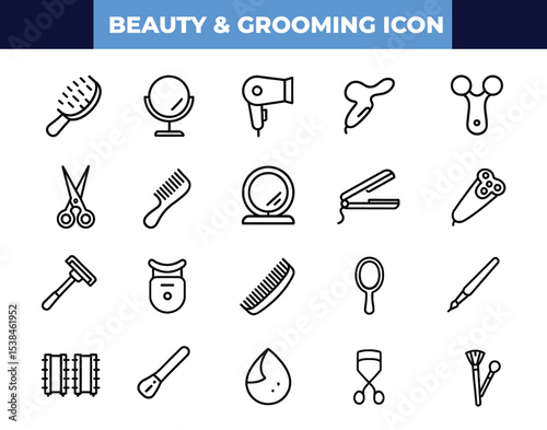 Beauty & Grooming Icon Set – Haircare, Makeup Tools, Razors, Mirrors, Combs, Flat Irons & More | Vector Line Icons for Branding & Design