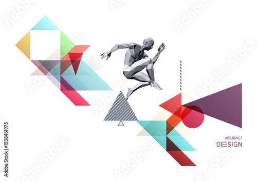 Man is dancing. Dance party. Art composition. Transparency geometrical background. 3D human body model. Vector illustration for cover, card, banner, brochure or presentation.