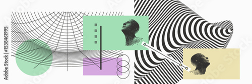 Cobweb or spider web. Connection structure. Science or technology background. 3D grid surface. Man looking up, head made of dots. Concept of discovery, exploration and learning. Vector for cover.