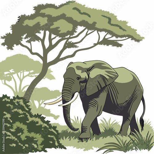 African elephants with prominent tusks, one standing by a tree and another in the grass, embody the grandeur of wild nature on a Kenyan safari