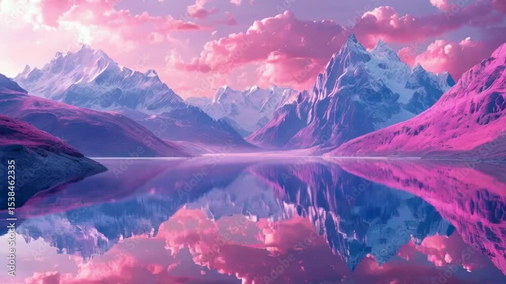Surreal Landscape with Pink and Purple Mountains, Reflective Lake,