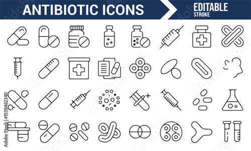 Medical icons representing antibiotic treatment for bacterial infections