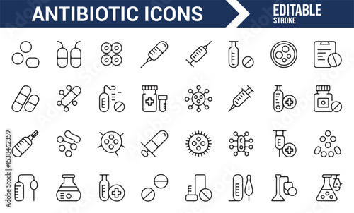 Medical icons representing antibiotic treatment for bacterial infections
