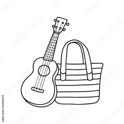 A ukulele resting next to a striped beach bag