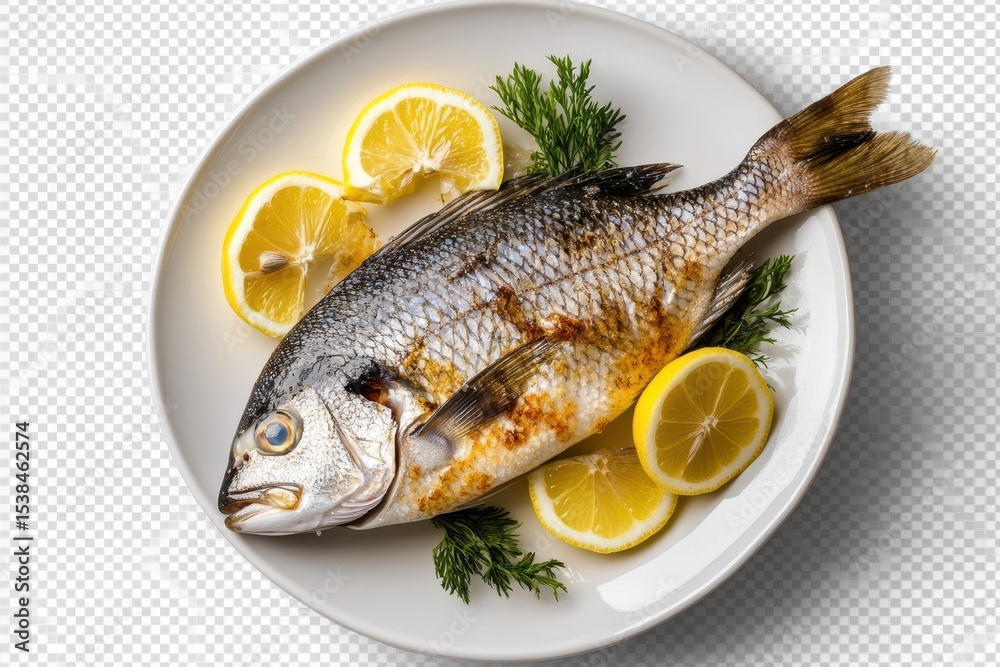 Bream fish served with fresh lemon slices on a pristine white plate, perfect for a delightful dining experience at home or in a restaurant setting Bream fish served with fresh lemon slices on a pristine white plate, perfect for a delightful dining experience at home or in a restaurant setting
