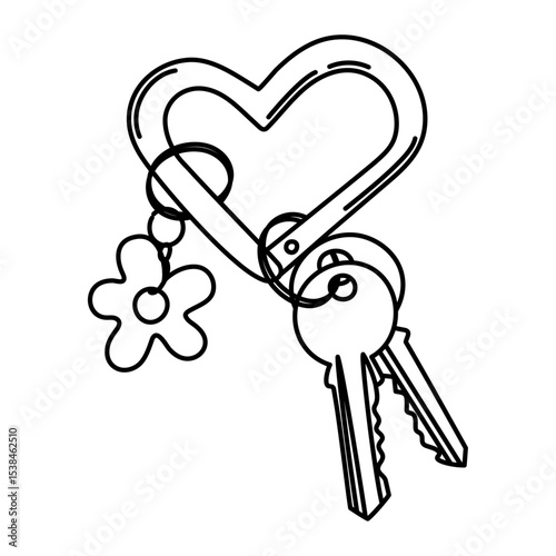 Keychain with keys and a heart-shaped ring with a flower charm.