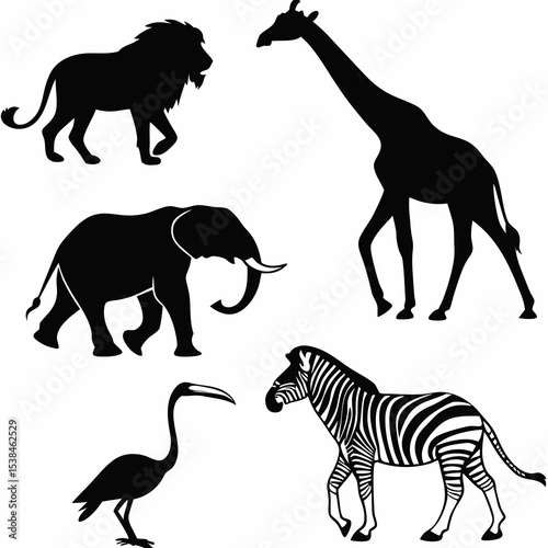 Zebra and giraffe silhouettes in a wild animal vector collection