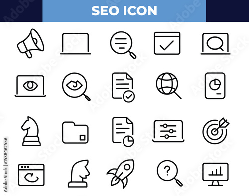 SEO Vector Icon Set – Adjustable Line Weight | Marketing, Analytics, Optimization, Keywords, Ranking, Coding, Traffic, Strategy & More