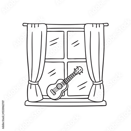 A ukulele resting on a windowsill behind open curtains