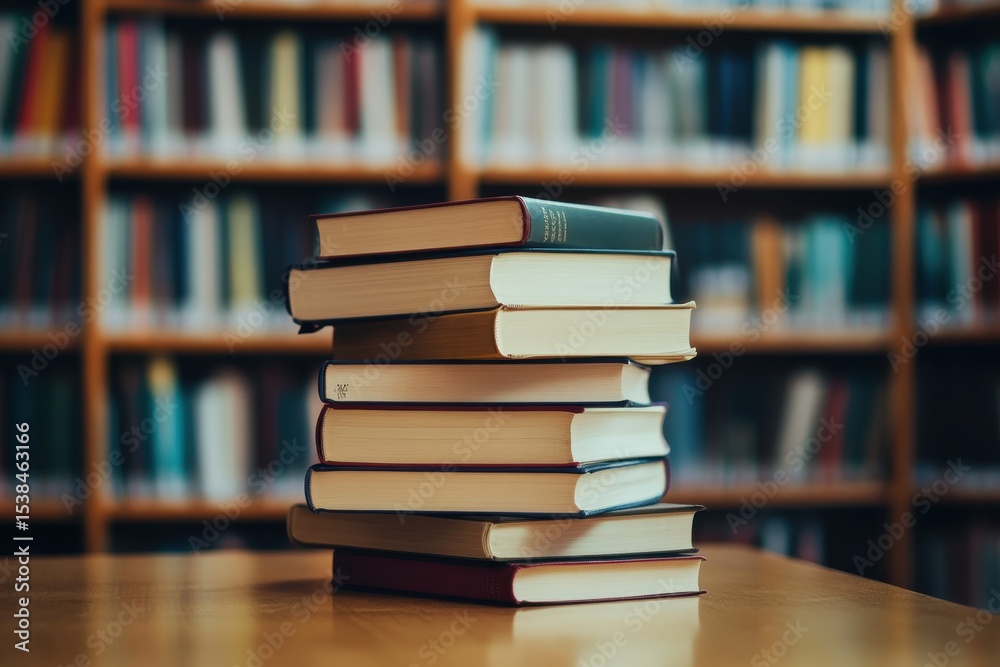 Stack of books resting on a wooden table in a quiet library surrounded by shelves filled with various literature during daylight hours Stack of books resting on a wooden table in a quiet library surrounded by shelves filled with various literature during daylight hours