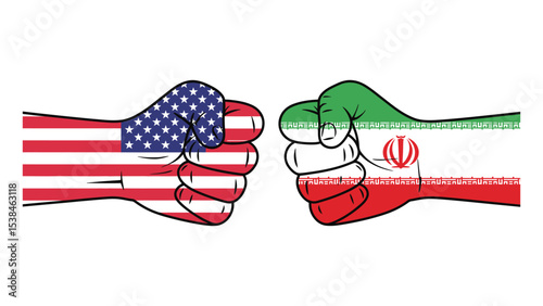 Printillustration of clenched fists painted with american and iranian flags facing each other, symbolizing political tension and international conflict
