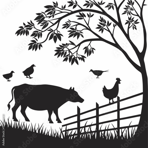 A versatile vector illustration set showcasing various farm animal silhouettes including cows, pigs, sheep, and chickens, perfect for agriculture and livestock designs