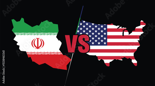 geopolitical conflict concept showing iran and usa rivalry with national flags overlay on country maps and bold vs symbol between them