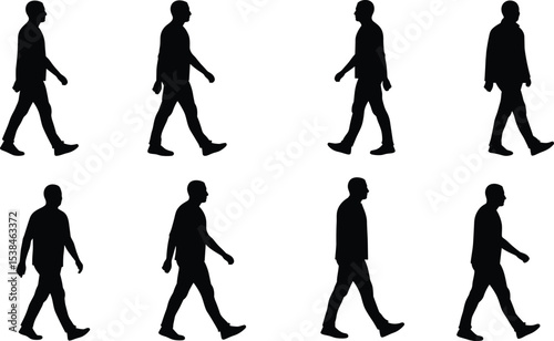 Silhouette of man walking sequence, side view motion steps, male figure black outline, isolated vector illustration for animation and design