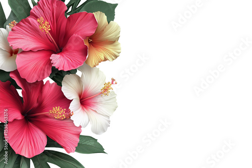  cluster of vibrant hibiscus flowers with lush green leaves isolated on white background