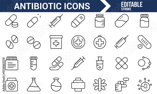 Healthcare icons for antibiotics and medical treatments in vector format