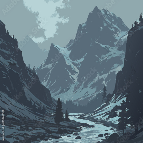 Snowy mountain landscape vector illustration featuring a winter alpine view with a towering peak under a vast sky