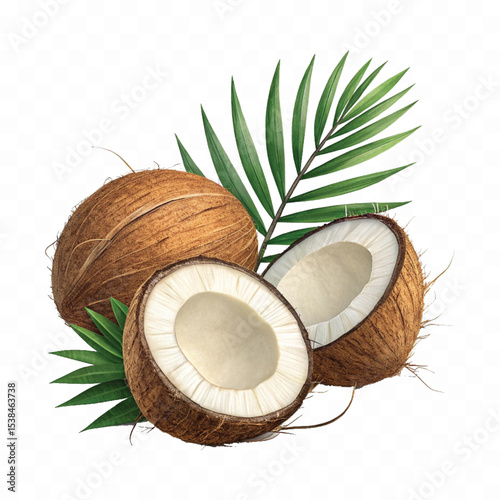 realistic 3d whole and cutout coconut with palm leaves  isolated on transparent background