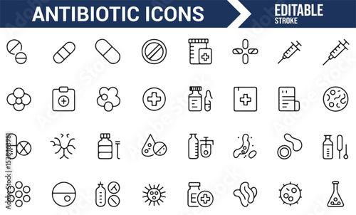 Icons of pills and bandages representing antibiotic therapy for health