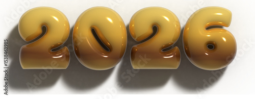 Happy New Year 2026 balloon bubble effect, 3D vector illustration isolated on transparent background, number 2026 in gold inflatable letters