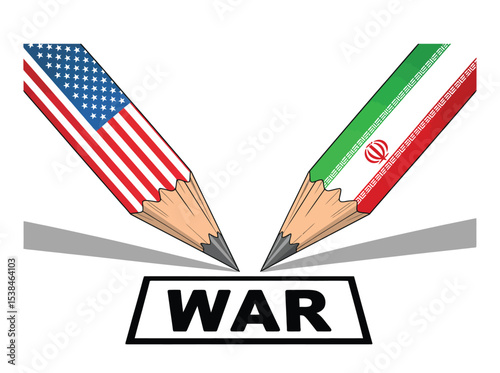 illustration of usa and iran flag pencils breaking the word war, symbolizing international political tension and diplomatic conflict