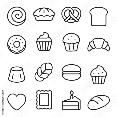 Bakery and Dessert Line Icons Set. Editable Thin Outline Symbols for Pastries, Cupcakes, Bread, and Sweet Treats, and more.