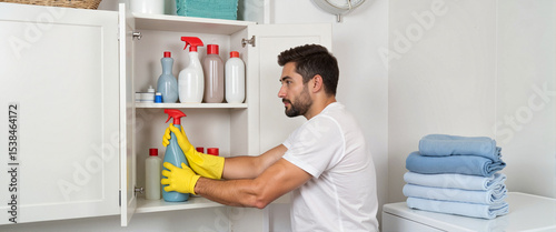 Focused young man organizing cleaning supplies in utility room, cleanliness