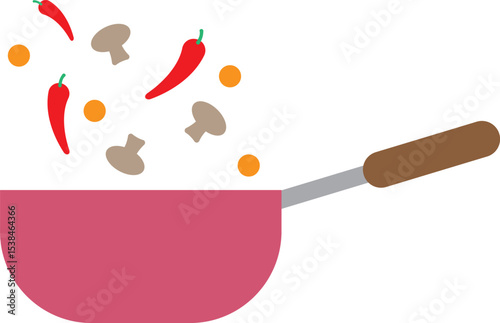 Vibrant chili peppers, mushrooms, and corn kernels dance above a pink wok, creating a dynamic image that symbolizes culinary creativity and deliciousness.