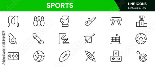 Dynamic vector web line icons depicting sports, athletic gear, competition, fitness, and energetic activities for enthusiasts and athletes.