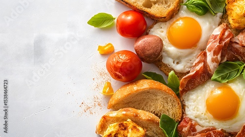 Delicious gourmet brunch featu fried eggs, crispy bacon, toasted bread, and ripe tomatoes with ample copy space ideal for restaurant menus or food blogs showcasing a healthy