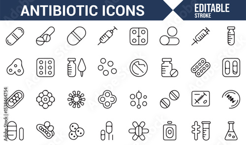Collection of icons showing bacteria, virus, and antibiotics for healthcare professionals.

