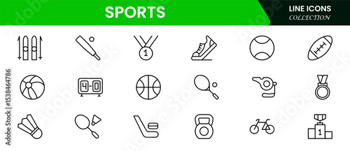 Dynamic vector web line icons depicting sports, athletic gear, competition, fitness, and energetic activities for enthusiasts and athletes.