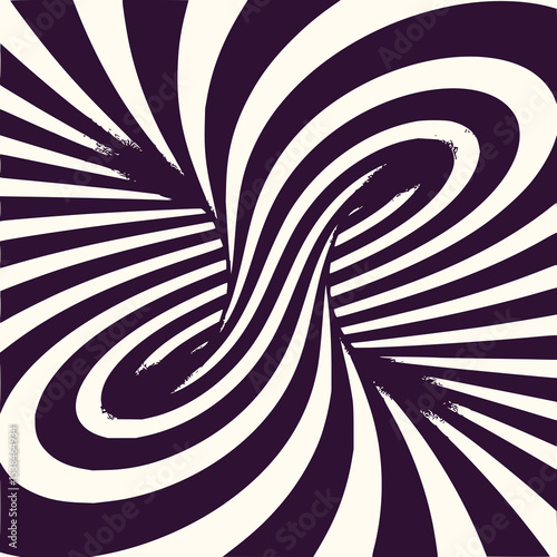 Minimilist abstract optical illusion with swirling black and white stripes creating a vortex tunnel effect design vector